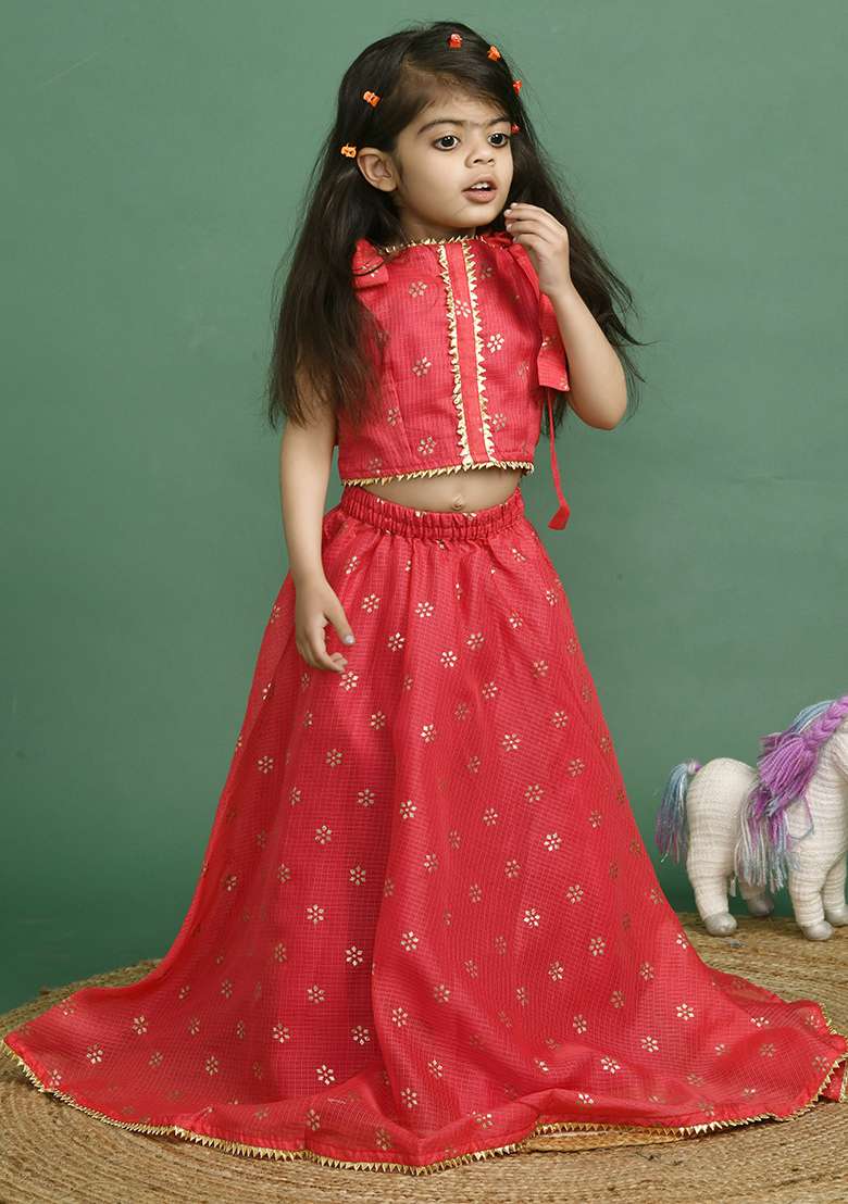 Girls Red Floral Lehenga Set - Indya