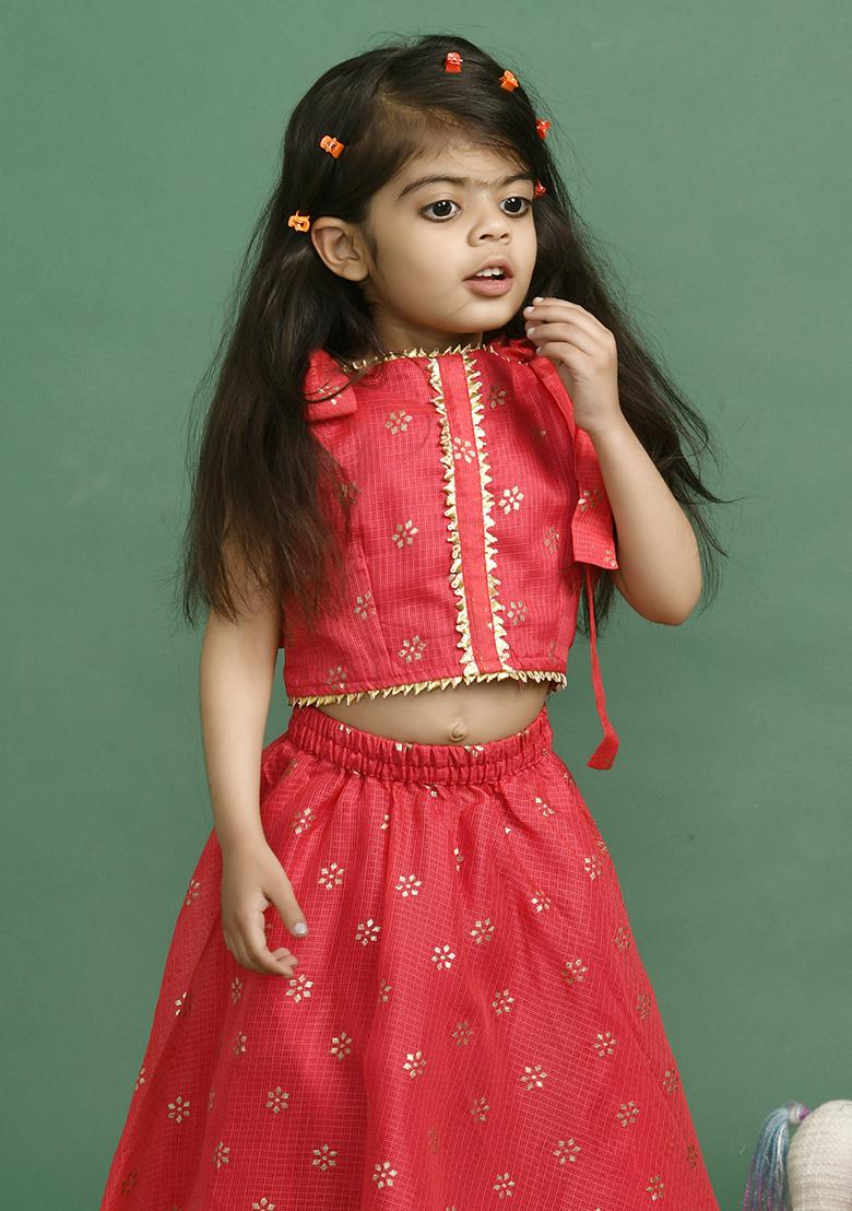 Girls Red Floral Lehenga Set - Indya