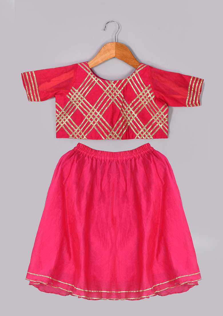 Girls Magenta Chanderi Lehenga Set - Indya