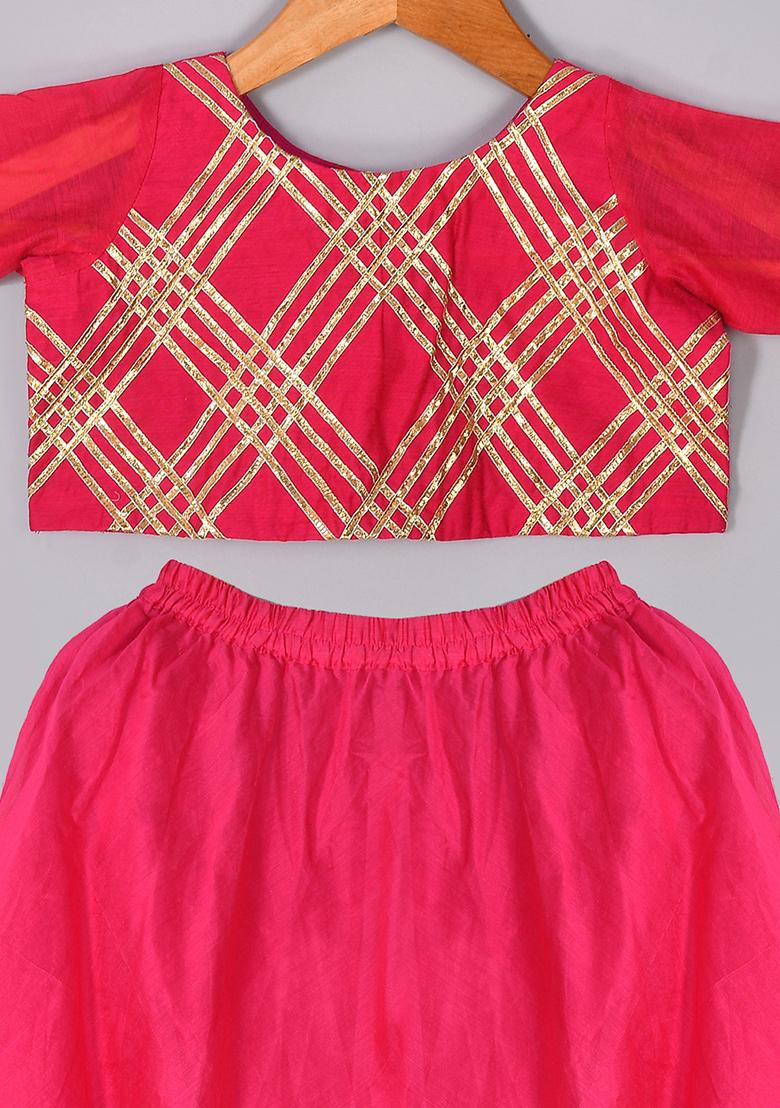 Girls Magenta Chanderi Lehenga Set - Indya