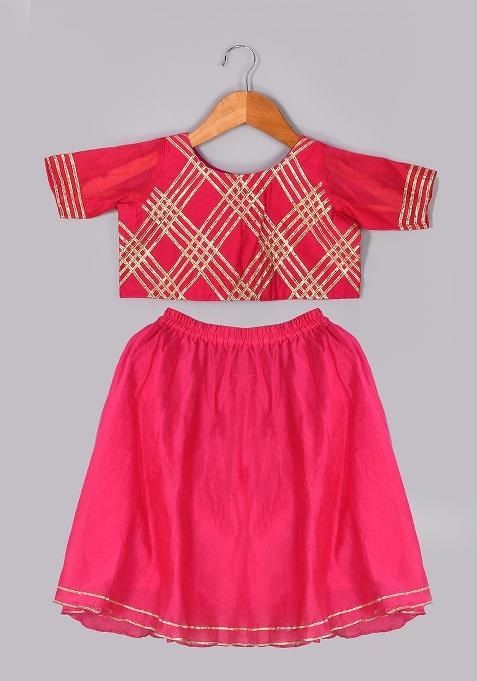 Girls Magenta Chanderi Lehenga Set