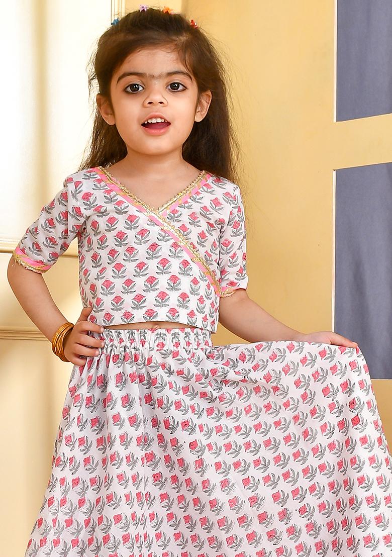 Girls White Lehenga Angrakha Top Set - Indya