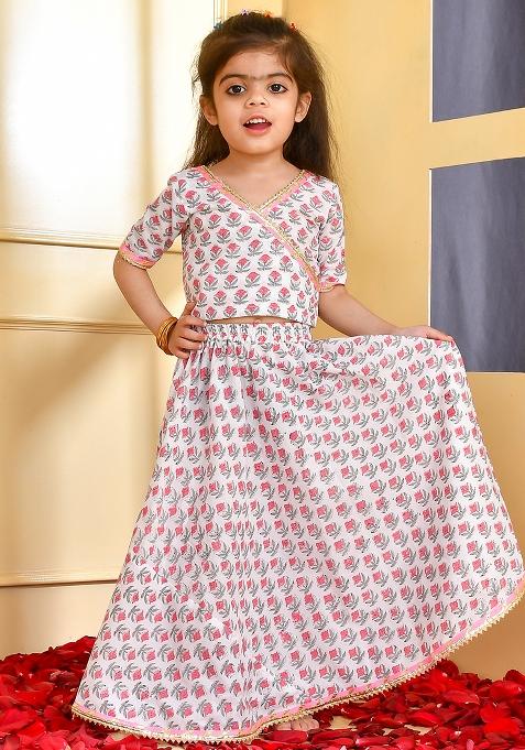 Girls White Lehenga Angrakha Top Set