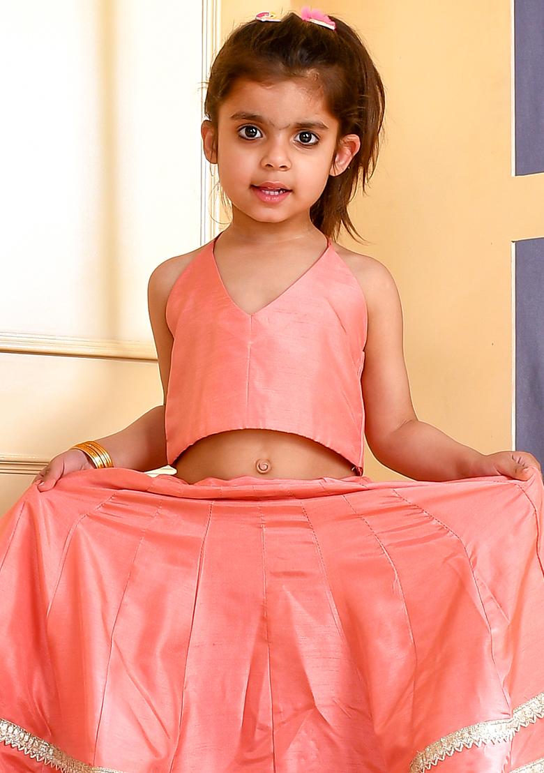 Girls Peach Silk Lehenga Set - Indya