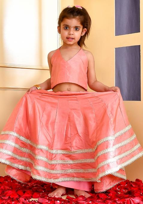 Girls Peach Silk Lehenga Set