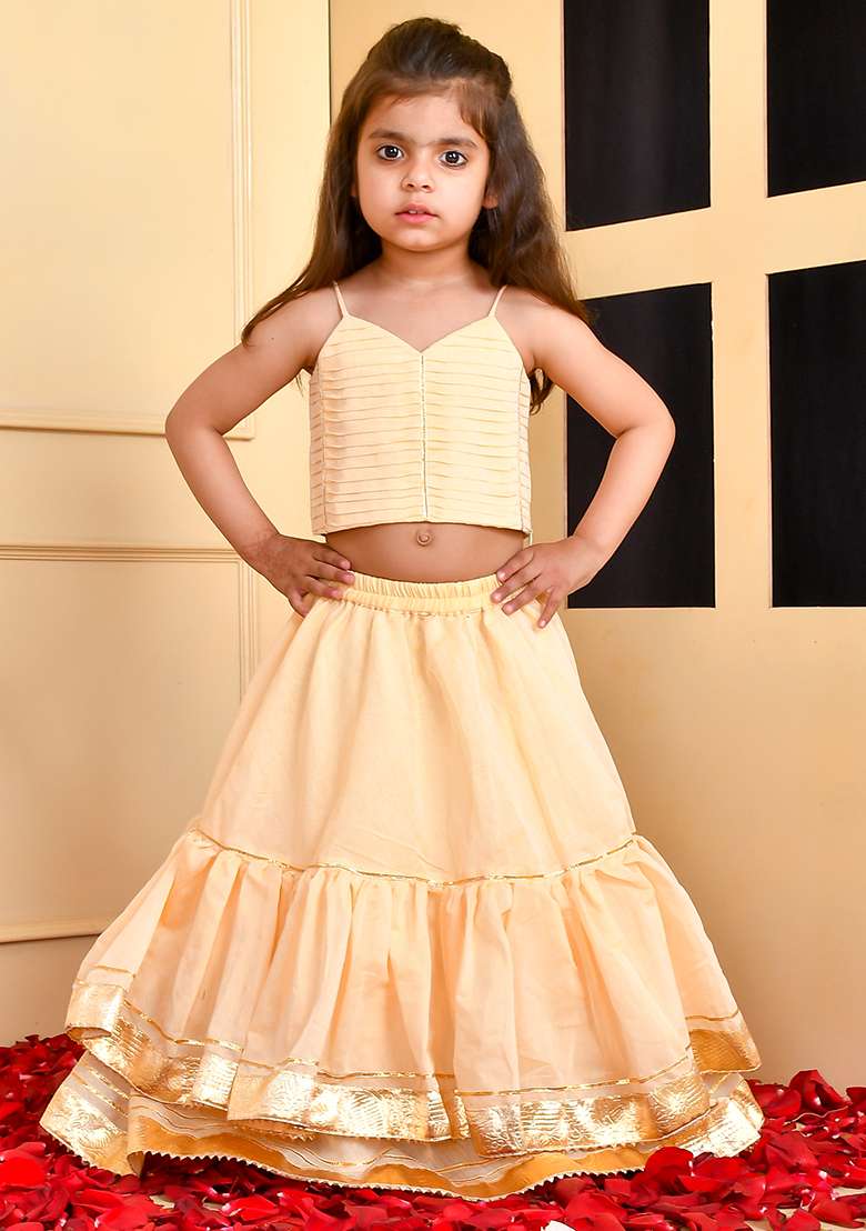 Girls Beige top and Double Layered Lehenga Set - Indya
