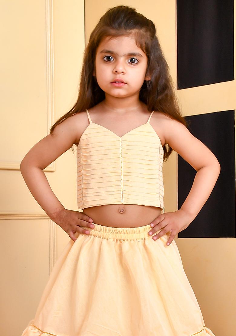 Girls Beige top and Double Layered Lehenga Set - Indya