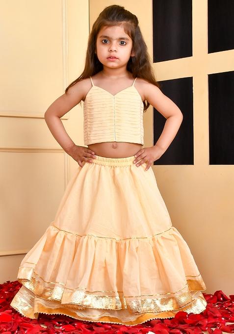 Girls Beige top and Double Layered Lehenga Set