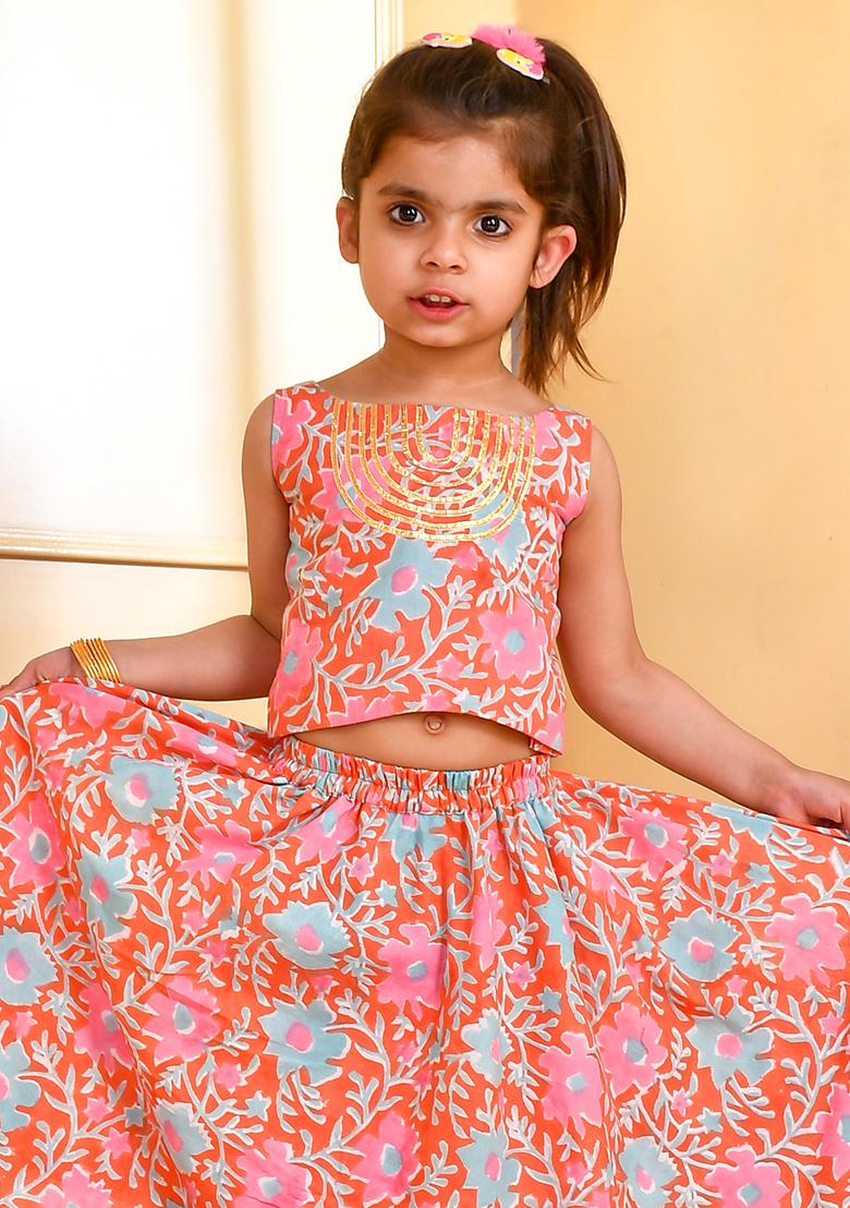 Girls Orange And Pink Floral Lehenga Set - Indya