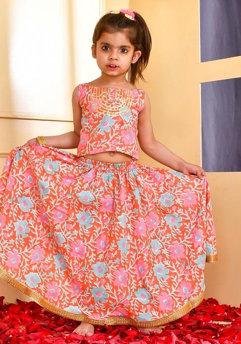 Girls Orange And Pink Floral Lehenga Set