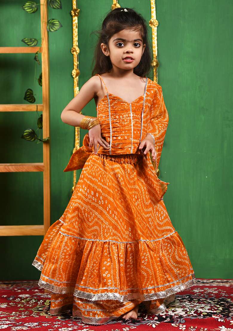 Girls Mustared Bandhani Lehenga Set - Indya