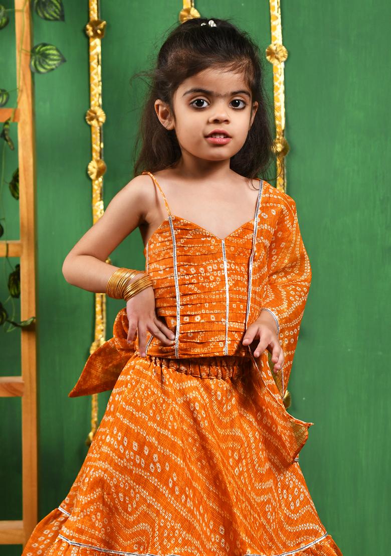 Girls Mustared Bandhani Lehenga Set - Indya