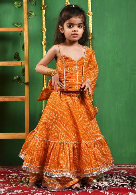 Girls Mustared Bandhani Lehenga Set