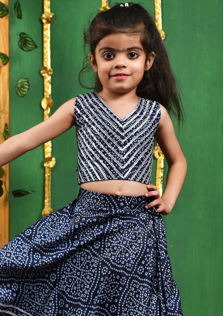 Girls Blue Bandhani Lehenga Top Set - Indya
