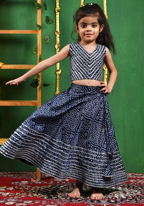 Girls Blue Bandhani Lehenga Top Set