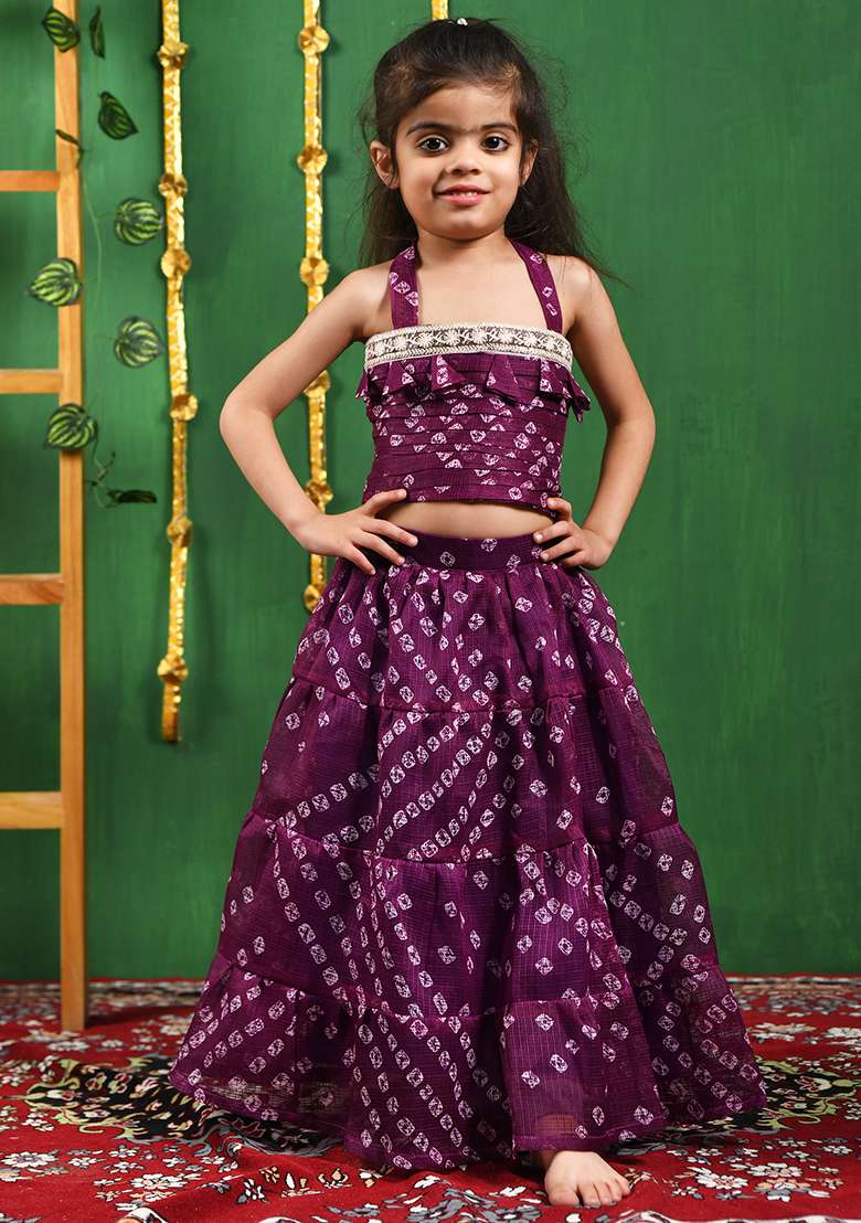Girls Wine Bandhani Lehenga Top Set - Indya