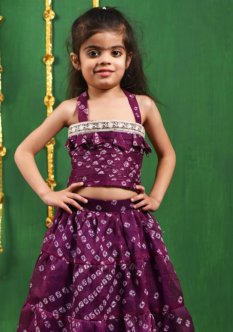 Girls Wine Bandhani Lehenga Top Set - Indya