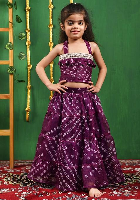 Girls Wine Bandhani Lehenga Top Set — view on Indya