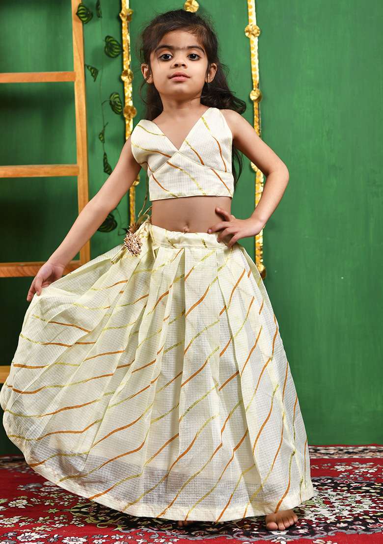Girls Creamy Lehenga Top Set - Indya
