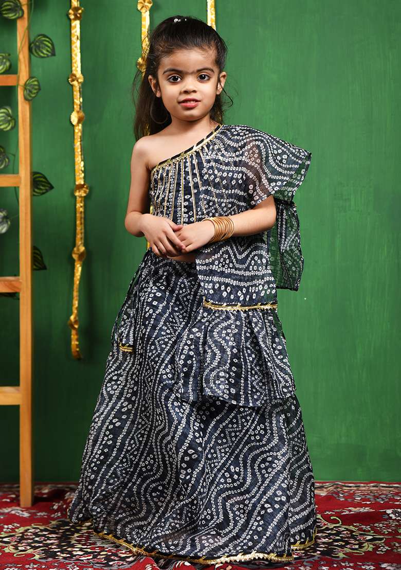 Girls One Shoulder Top Lehenga and Dupatta Set - Indya
