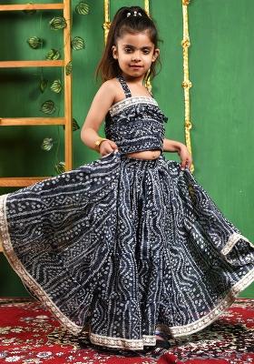 Girls Black Tiered Flared Lehenga and Top Set