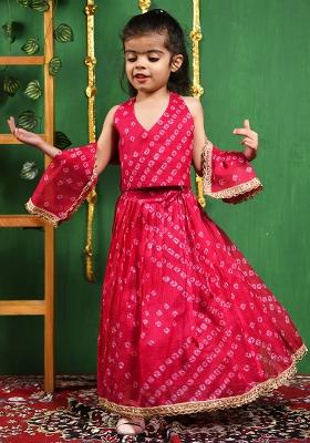 Girls Magenta Bandhani Lehenga Top Set