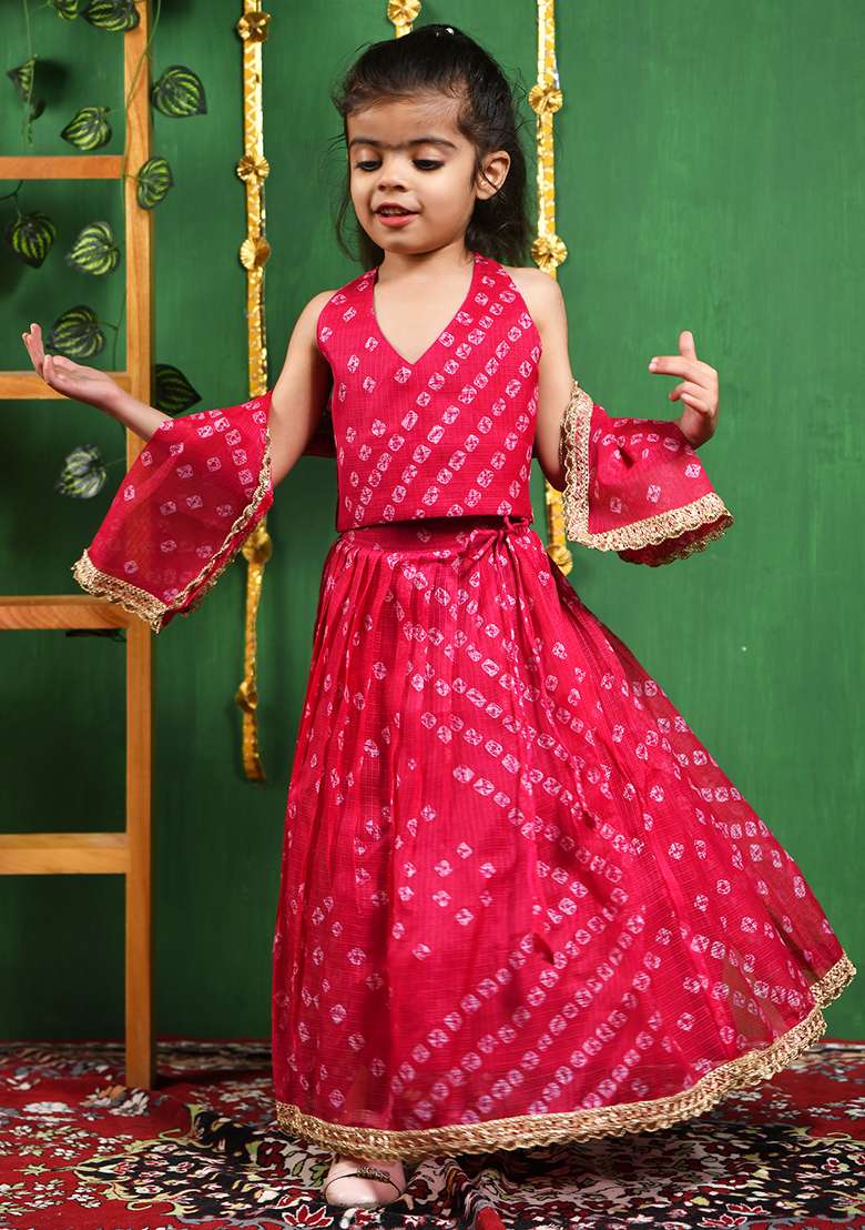 Girls Magenta Bandhani Lehenga Top Set - Indya