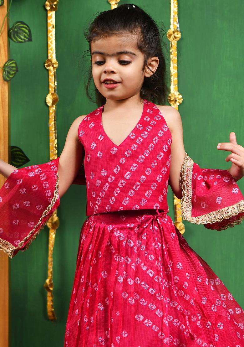Girls Magenta Bandhani Lehenga Top Set - Indya