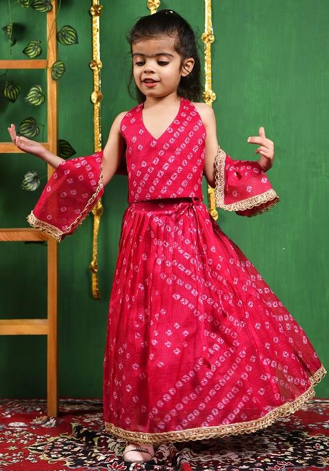 Girls Magenta Bandhani Lehenga Top Set — view on Indya