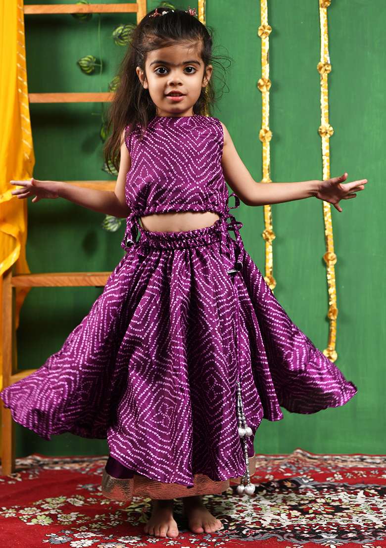 Girls Wine Bandhani Lehenga Set - Indya
