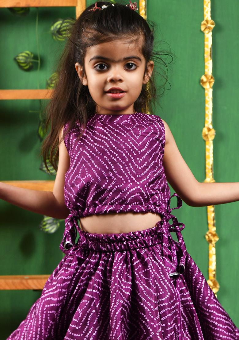 Girls Wine Bandhani Lehenga Set - Indya