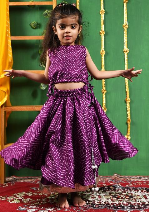 Girls Wine Bandhani Lehenga Set