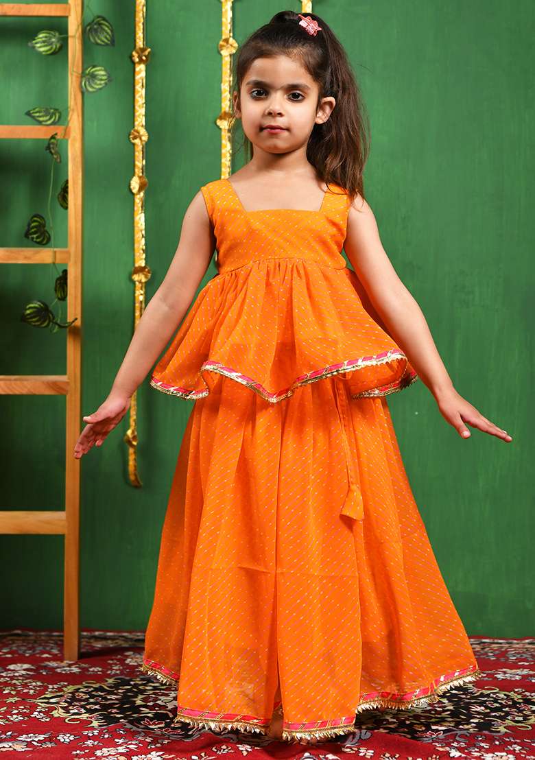 Girls Yellow Peplum Top and Lehenga Set - Indya