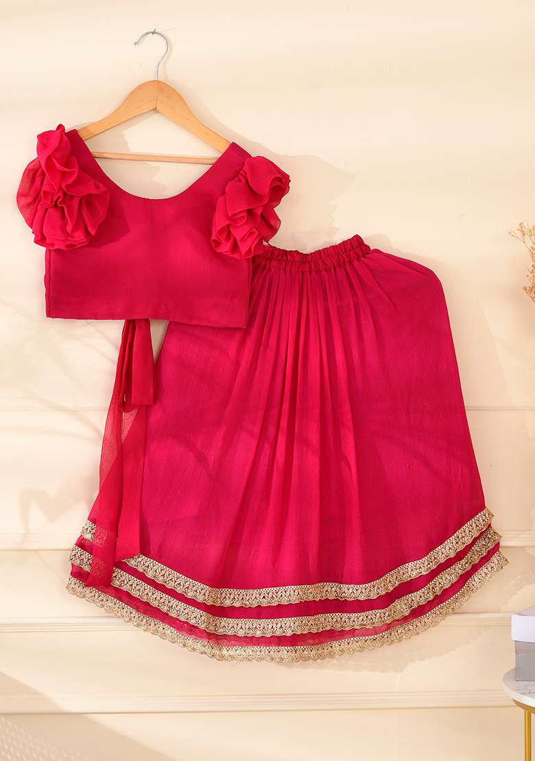 Girls Magenta Lehenga Top Set - Indya