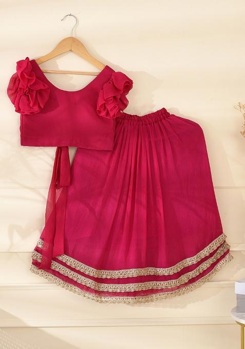 Girls Magenta Lehenga Top Set — view on Indya