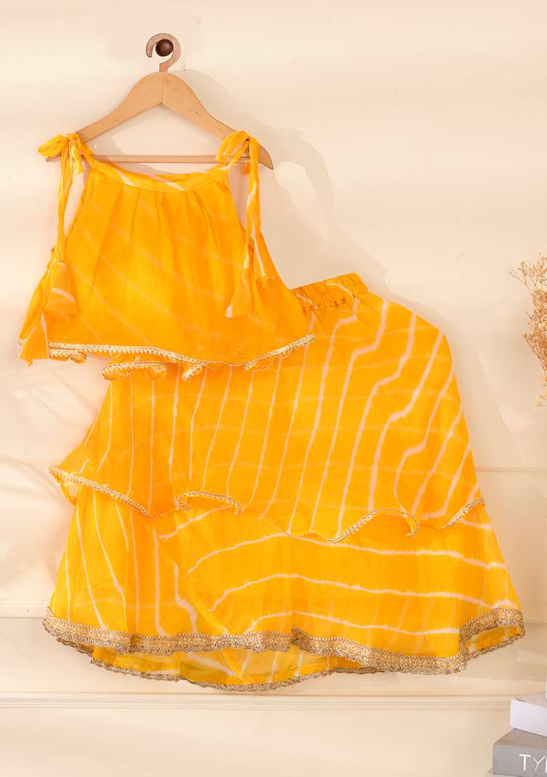 Girls Yellow Leheriya Lehenga Set - Indya