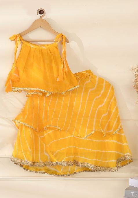 Girls Yellow Leheriya Lehenga Set