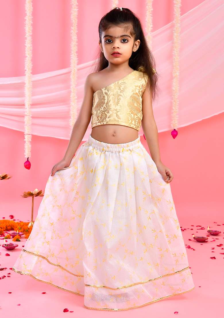 Girls White Lehenga Off Shoulder Top Set - Indya