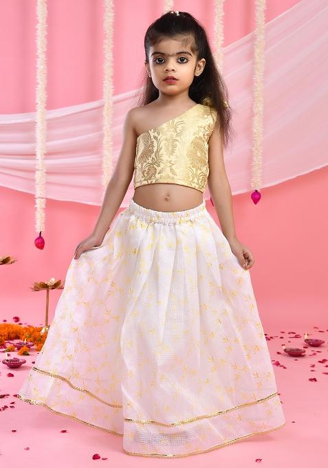 Girls White Lehenga Off Shoulder Top Set