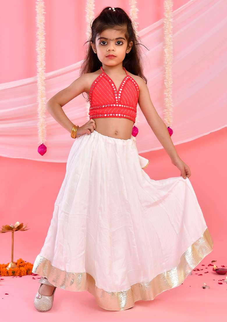 Girls Pink Flared Lehenga with Halter Neck Top Set - Indya