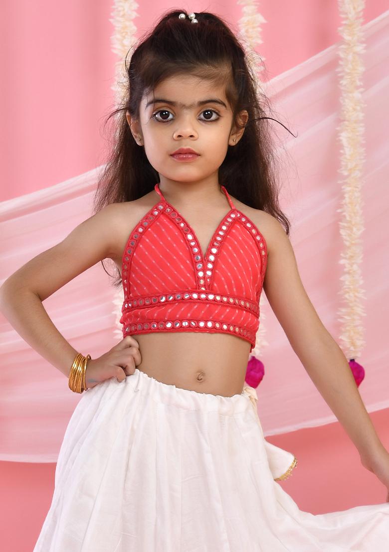Girls Pink Flared Lehenga with Halter Neck Top Set - Indya