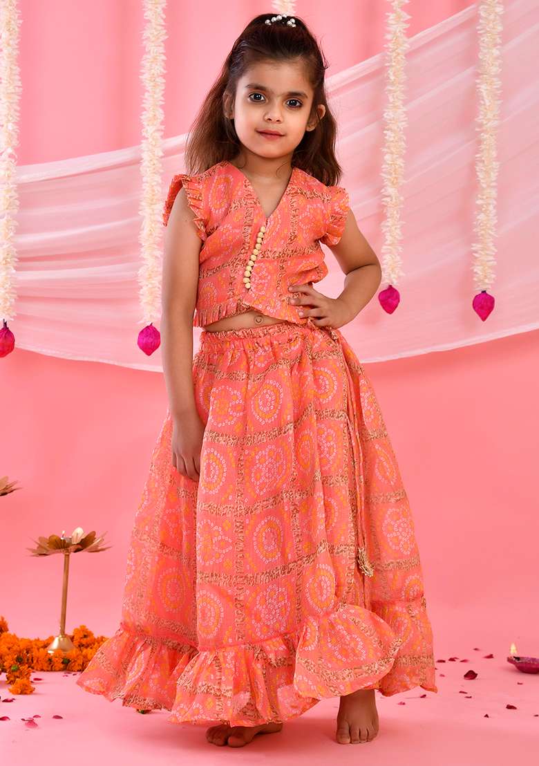 Girls Peach Bandhani Checks Lehenga and Top Set - Indya