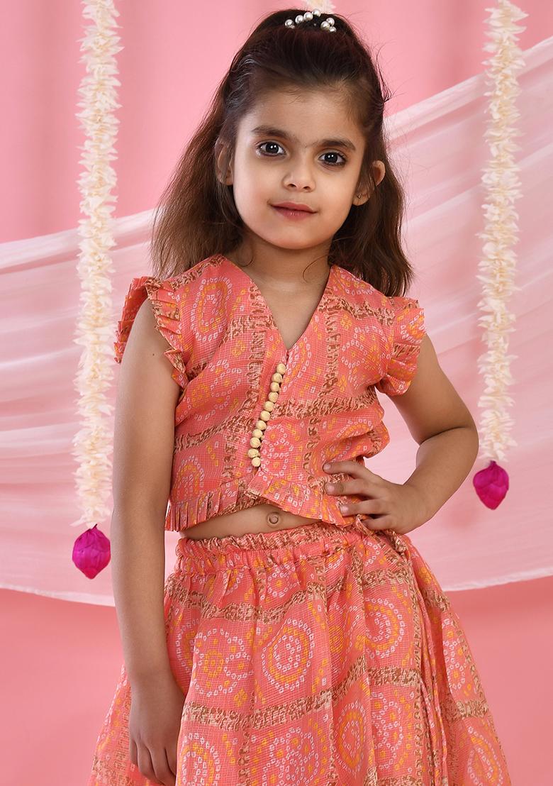 Girls Peach Bandhani Checks Lehenga and Top Set - Indya