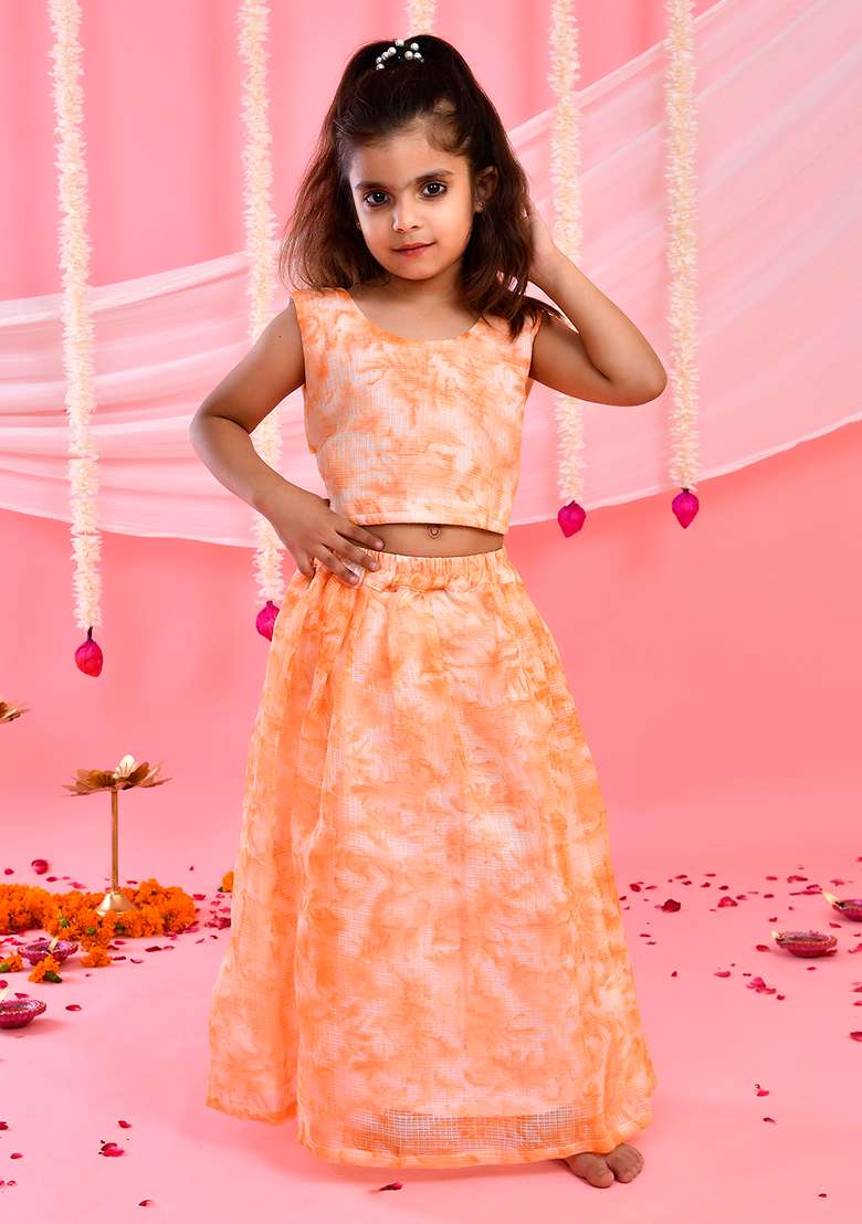 Girls Peach Tie Dye Lehenga and Top Set - Indya