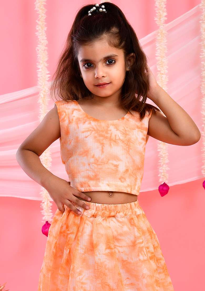 Girls Peach Tie Dye Lehenga and Top Set - Indya