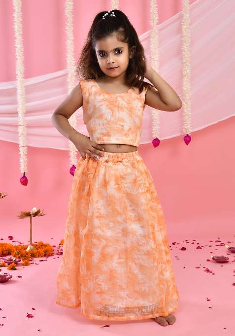 Girls Peach Tie Dye Lehenga and Top Set
