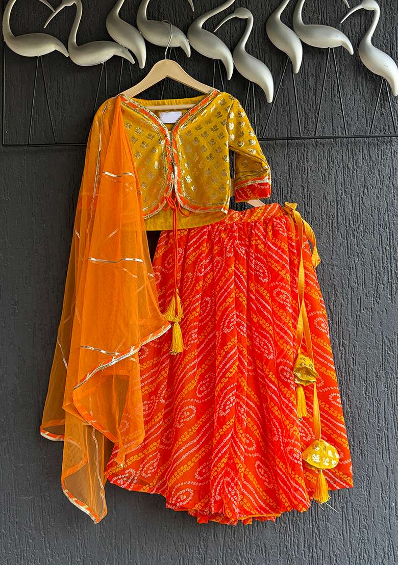Orange Leheriya Leheriya Lehenga Choli For Girls - Indya