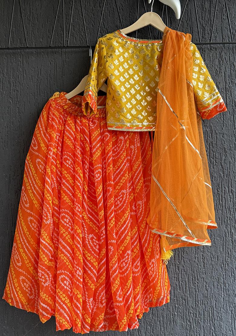 Orange Leheriya Leheriya Lehenga Choli For Girls - Indya