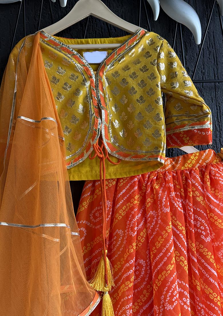 Orange Leheriya Leheriya Lehenga Choli For Girls - Indya