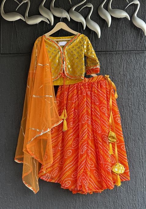 Orange Leheriya Leheriya Lehenga Choli For Girls